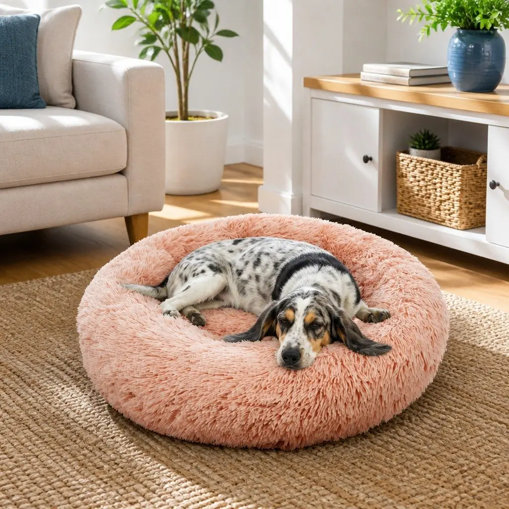 Dog Bed Round Plush Nest Pet Sleeping Kennel Comfy Large 90cm Pink Cushion