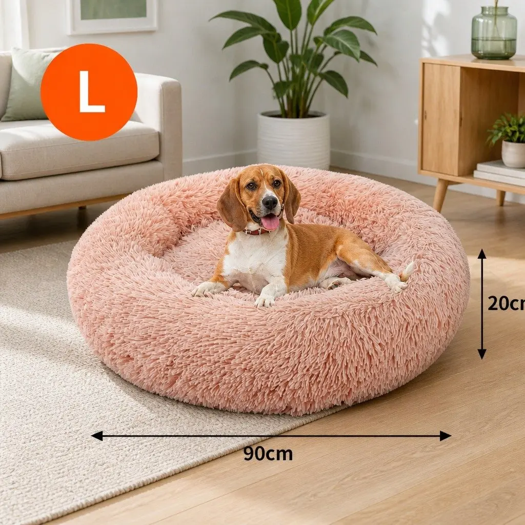 Dog Bed Round Plush Nest Pet Sleeping Kennel Comfy Large 90cm Pink Cushion