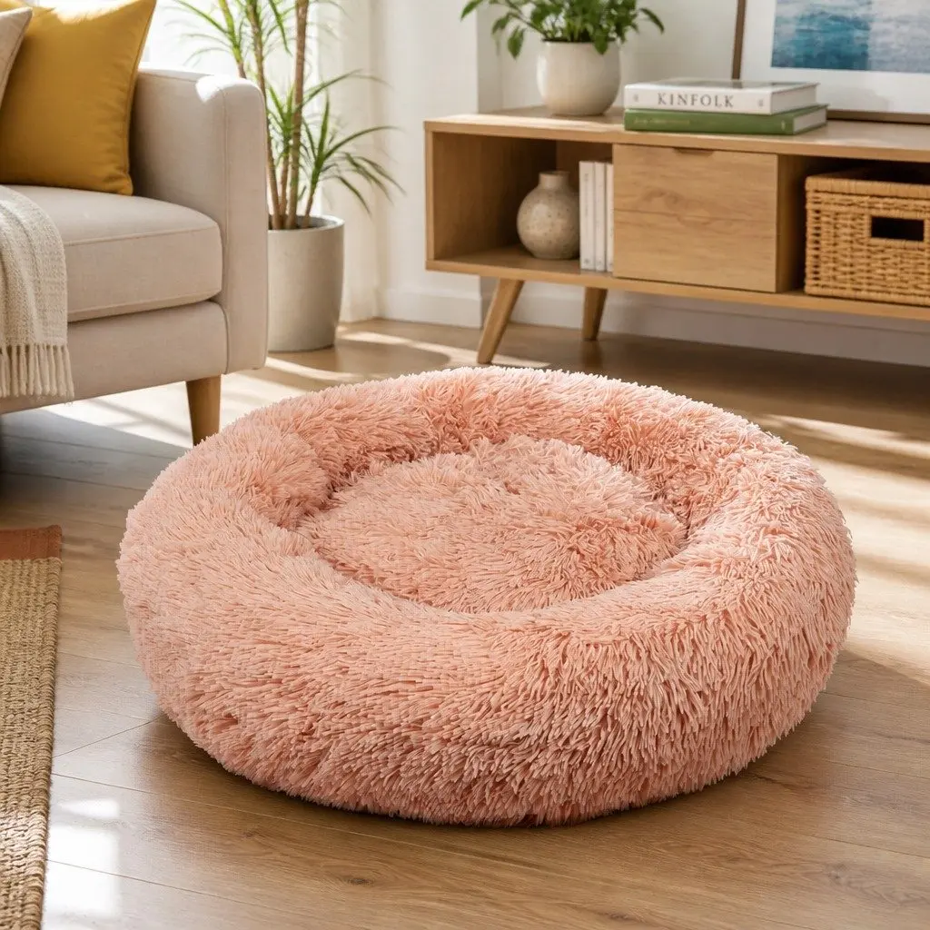 Dog Bed Round Plush Nest Pet Sleeping Kennel Comfy Large 90cm Pink Cushion