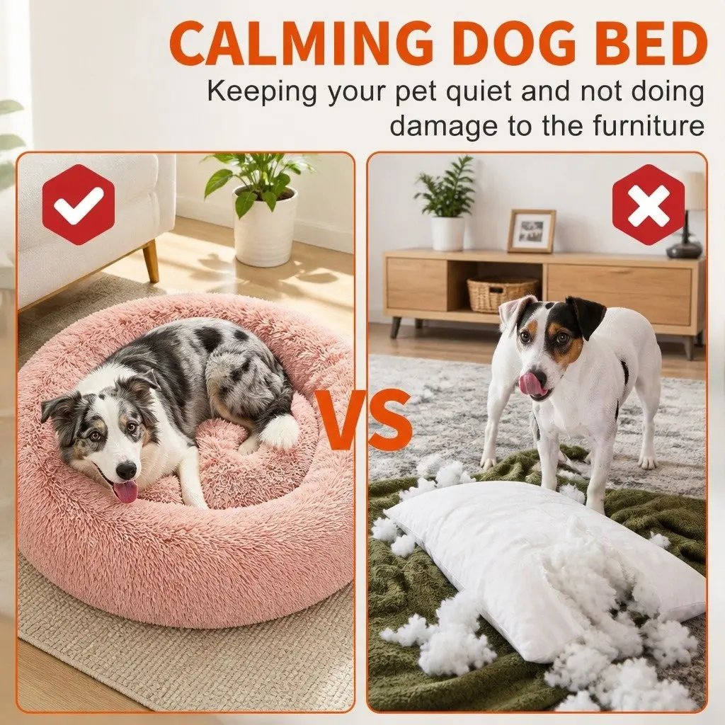Dog Bed Round Plush Nest Pet Sleeping Kennel Comfy Large 90cm Pink Cushion