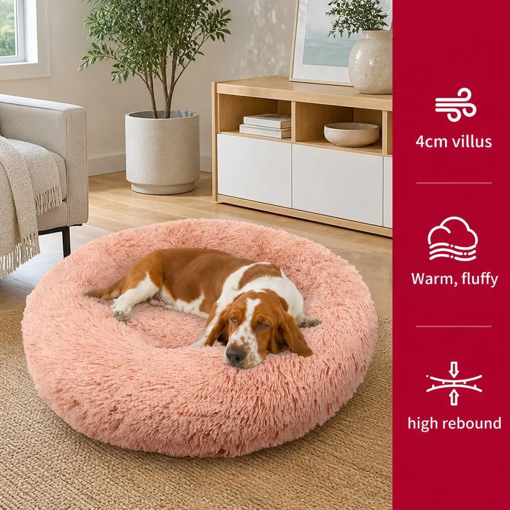 Dog Bed Round Plush Nest Pet Sleeping Kennel Comfy Large 90cm Pink Cushion