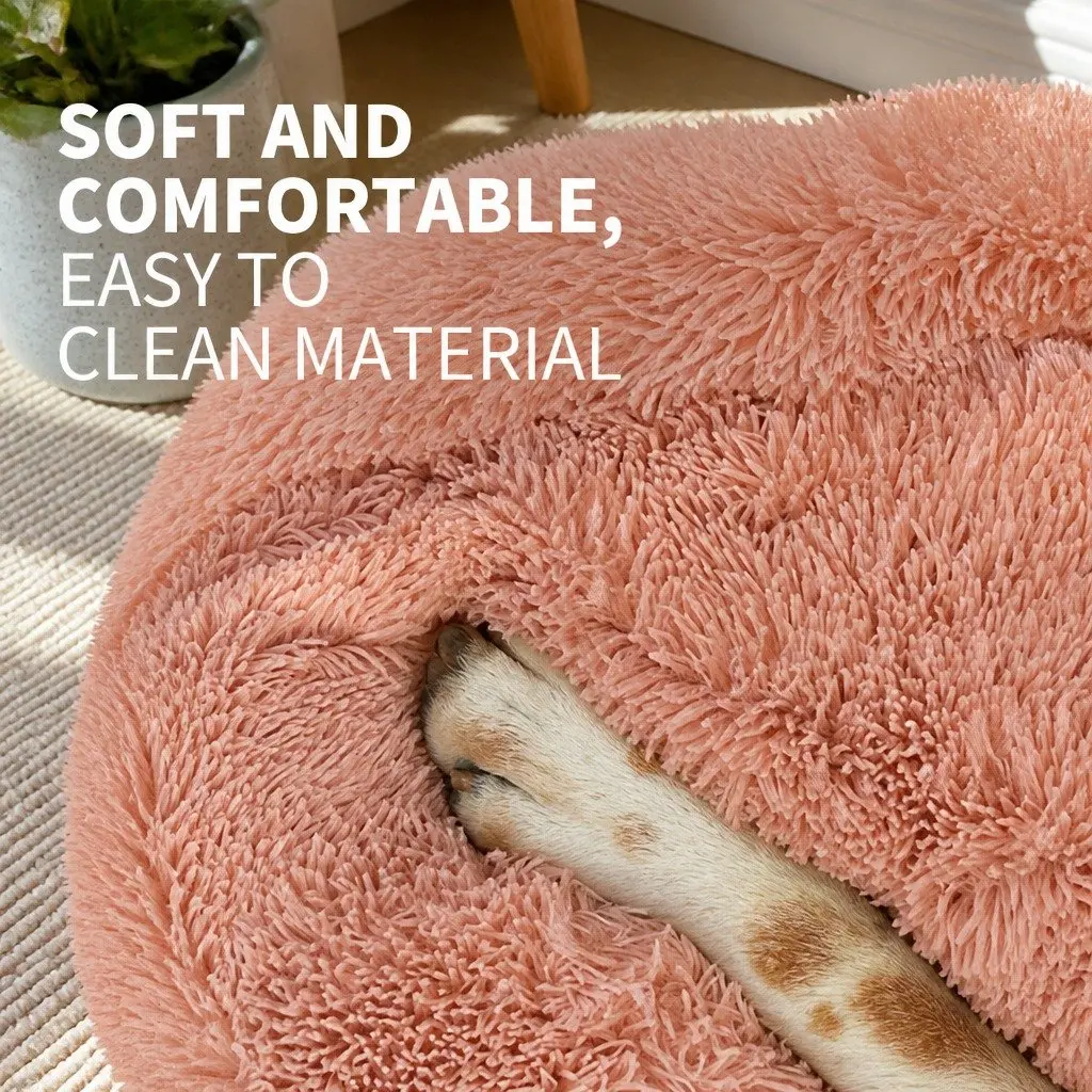 Dog Bed Round Plush Nest Pet Sleeping Kennel Comfy Large 90cm Pink Cushion