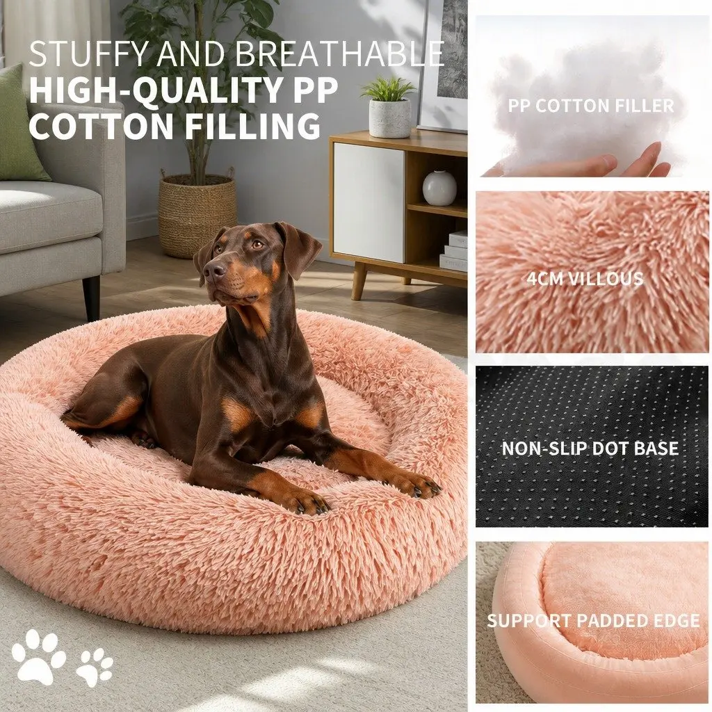 Dog Bed Round Plush Nest Pet Sleeping Kennel Comfy Large 90cm Pink Cushion