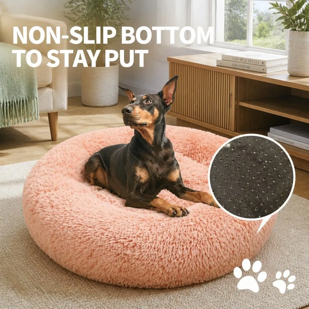 Dog Bed Round Plush Nest Pet Sleeping Kennel Comfy Large 90cm Pink Cushion