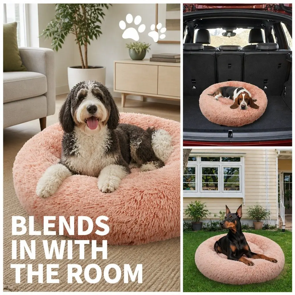 Dog Bed Round Plush Nest Pet Sleeping Kennel Comfy Large 90cm Pink Cushion