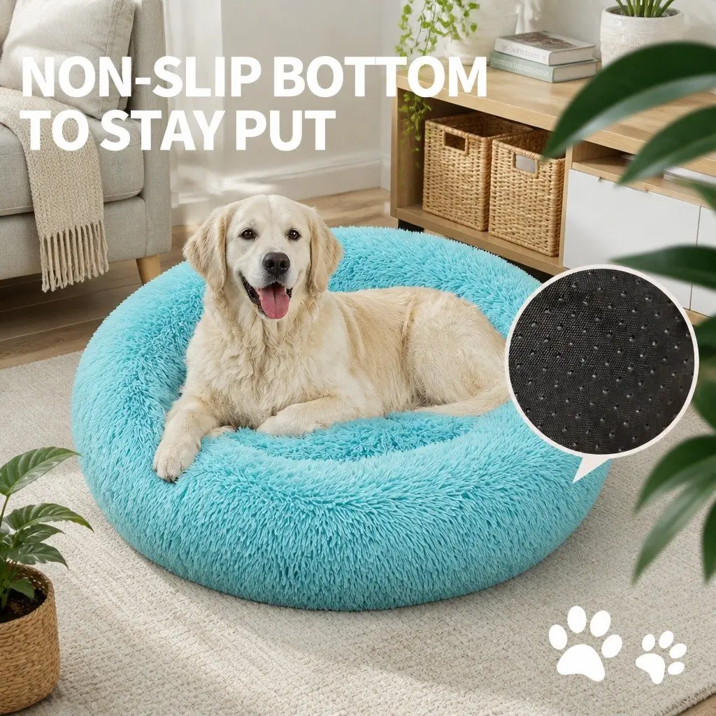 Plush Medium Round Dog Bed, 70cm Green