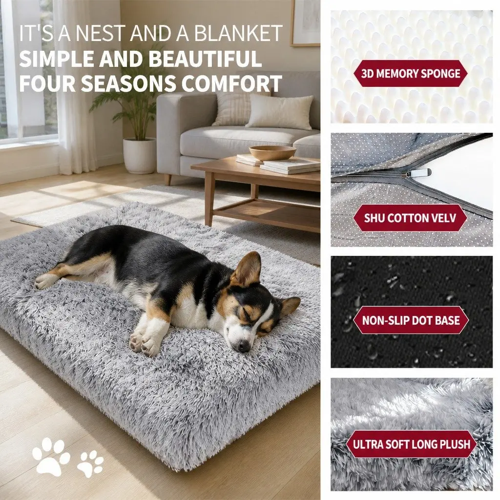 Plush Pet Bed Sleeping Pad Washable Non-Slip Waterproof L Size Grey
