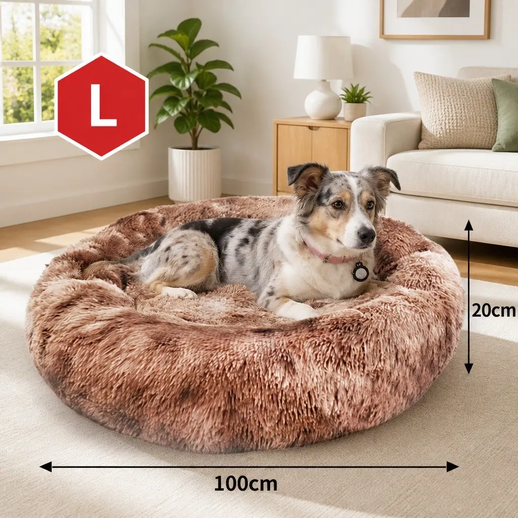 Pet Calming Bed Round Warm Soft Plush Sleeping Nest Removable Zipper Washable