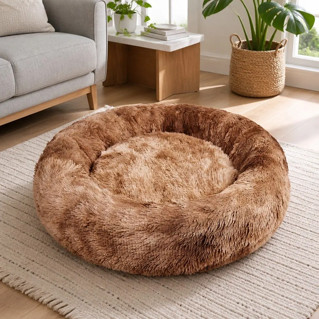 Pet Calming Bed Round Warm Soft Plush Sleeping Nest Removable Zipper Washable
