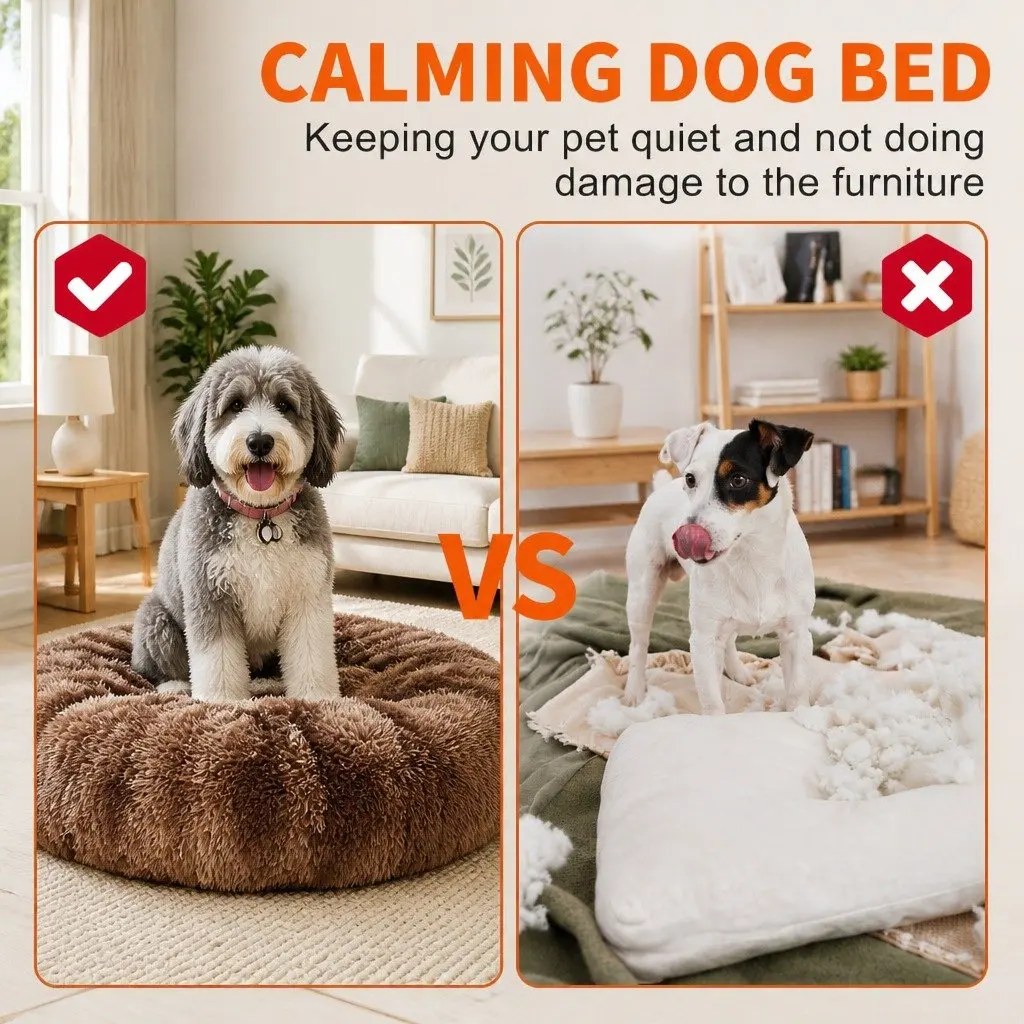 Pet Calming Bed Round Warm Soft Plush Sleeping Nest Removable Zipper Washable