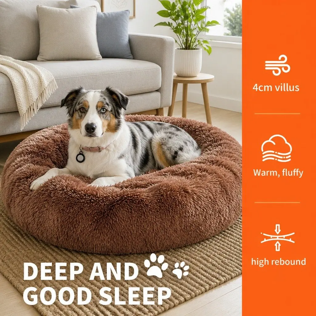 Pet Calming Bed Round Warm Soft Plush Sleeping Nest Removable Zipper Washable