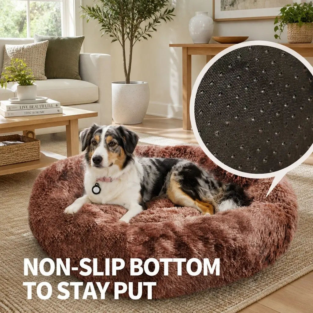 Pet Calming Bed Round Warm Soft Plush Sleeping Nest Removable Zipper Washable