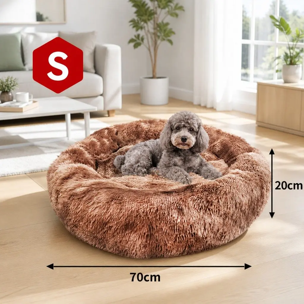 Round Pet Calming Bed Warm Soft Plush Nest Cave Comfy Sleeping Kennel 70cm