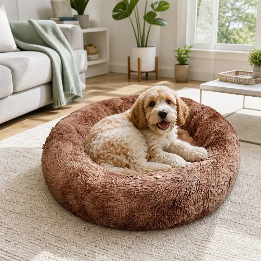 Round Pet Calming Bed Warm Soft Plush Nest Cave Comfy Sleeping Kennel 70cm