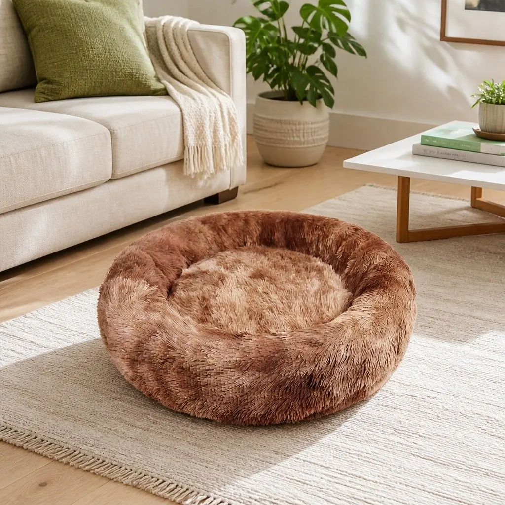 Round Pet Calming Bed Warm Soft Plush Nest Cave Comfy Sleeping Kennel 70cm