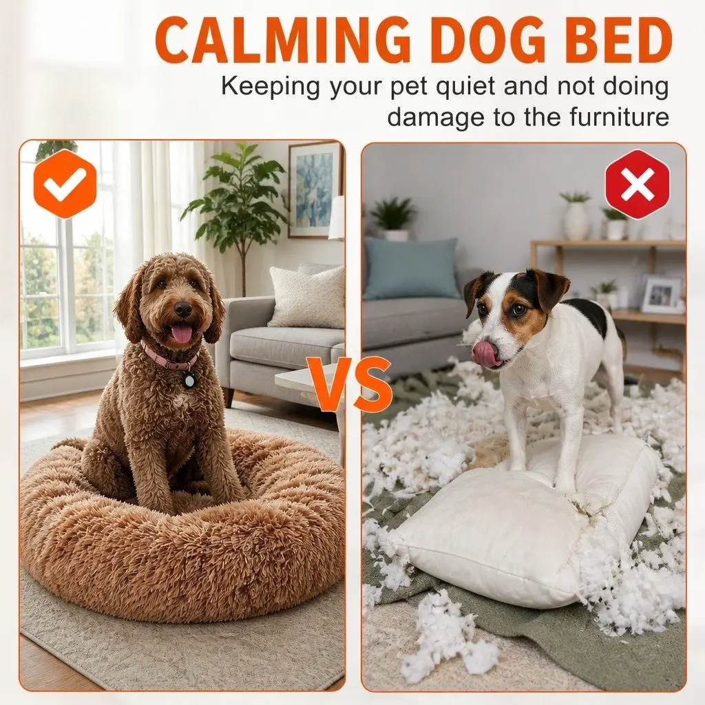 Round Pet Calming Bed Warm Soft Plush Nest Cave Comfy Sleeping Kennel 70cm