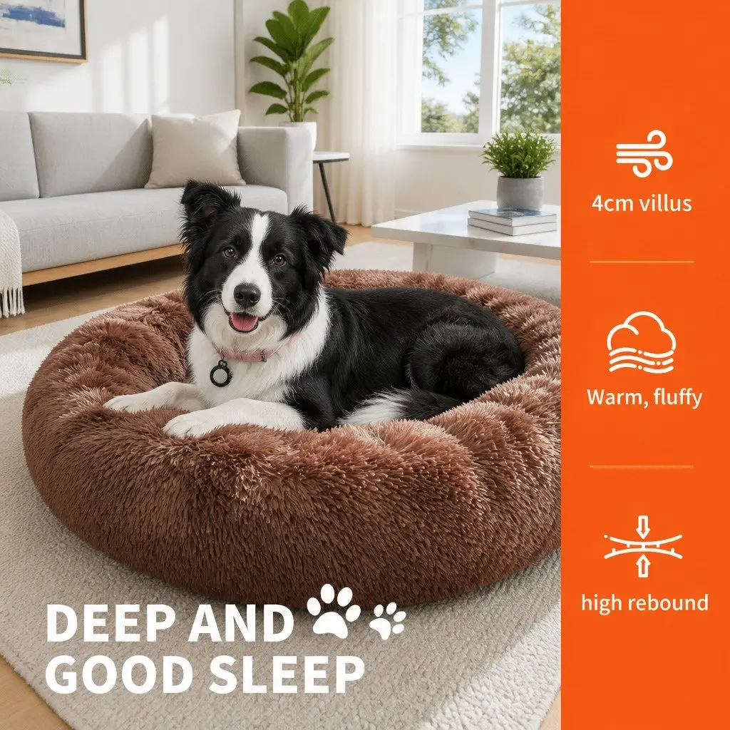 Round Pet Calming Bed Warm Soft Plush Nest Cave Comfy Sleeping Kennel 70cm