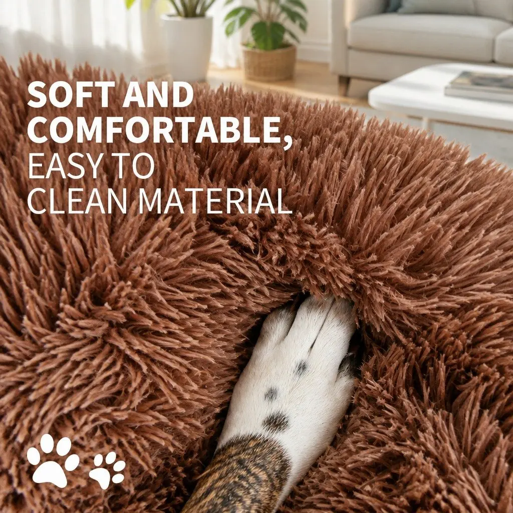 Round Pet Calming Bed Warm Soft Plush Nest Cave Comfy Sleeping Kennel 70cm