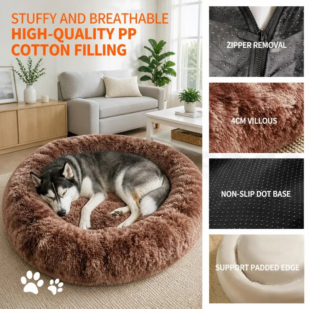Round Pet Calming Bed Warm Soft Plush Nest Cave Comfy Sleeping Kennel 70cm