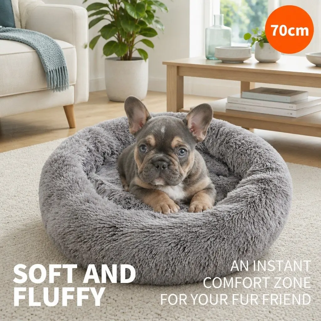 Pet Bed Cotton Round 70cm Dark Grey Soft Plush Warm Sleeping Nest