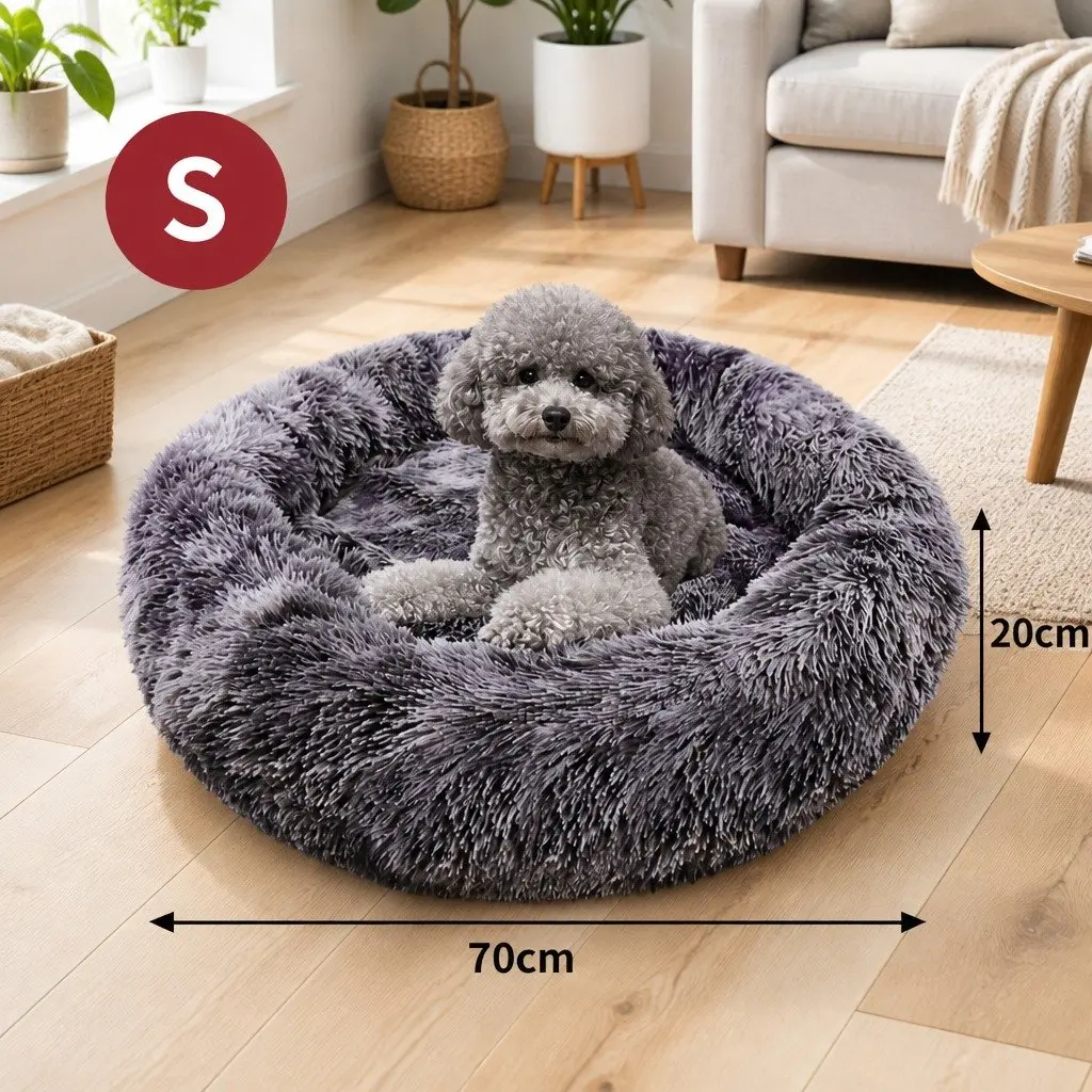 Pet Bed Cotton Round 70cm Dark Grey Soft Plush Warm Sleeping Nest