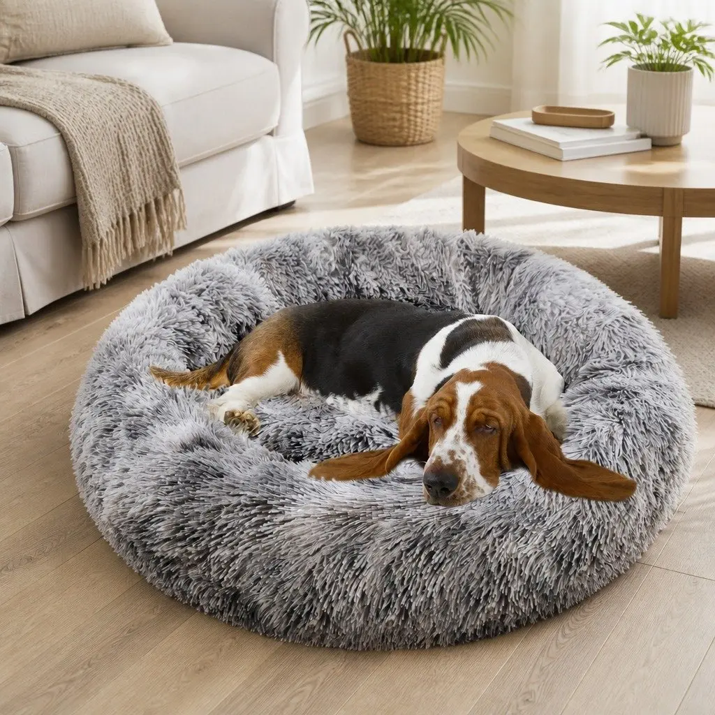 Pet Bed Cotton Round 70cm Dark Grey Soft Plush Warm Sleeping Nest
