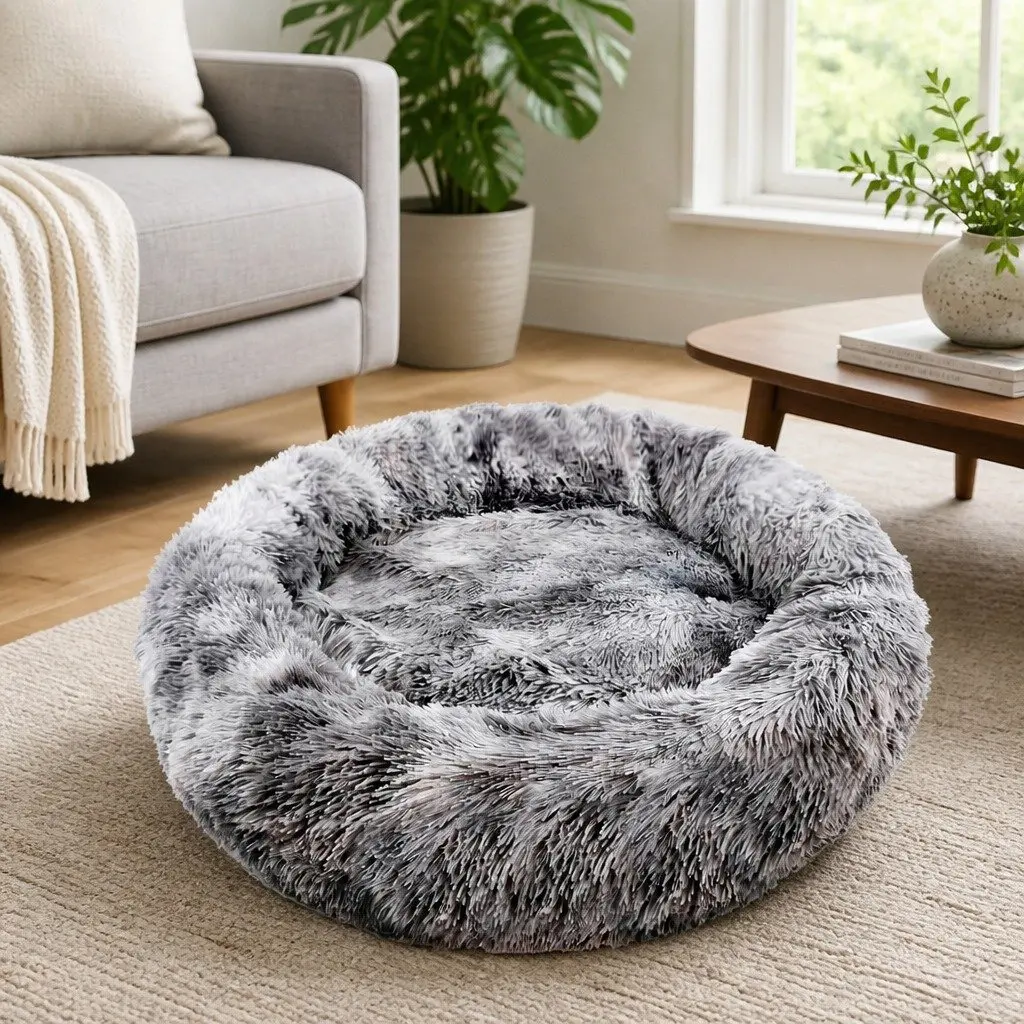 Pet Bed Cotton Round 70cm Dark Grey Soft Plush Warm Sleeping Nest