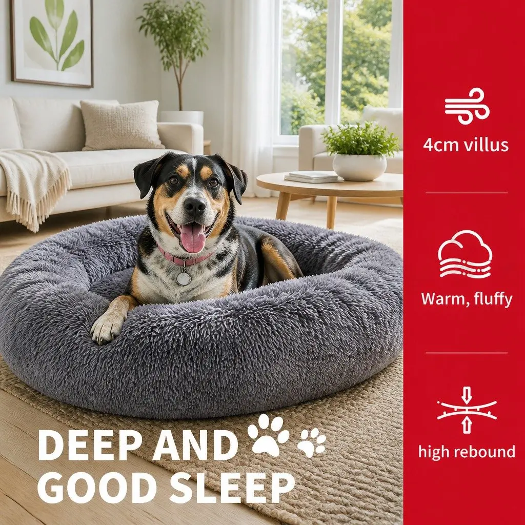 Pet Bed Cotton Round 70cm Dark Grey Soft Plush Warm Sleeping Nest