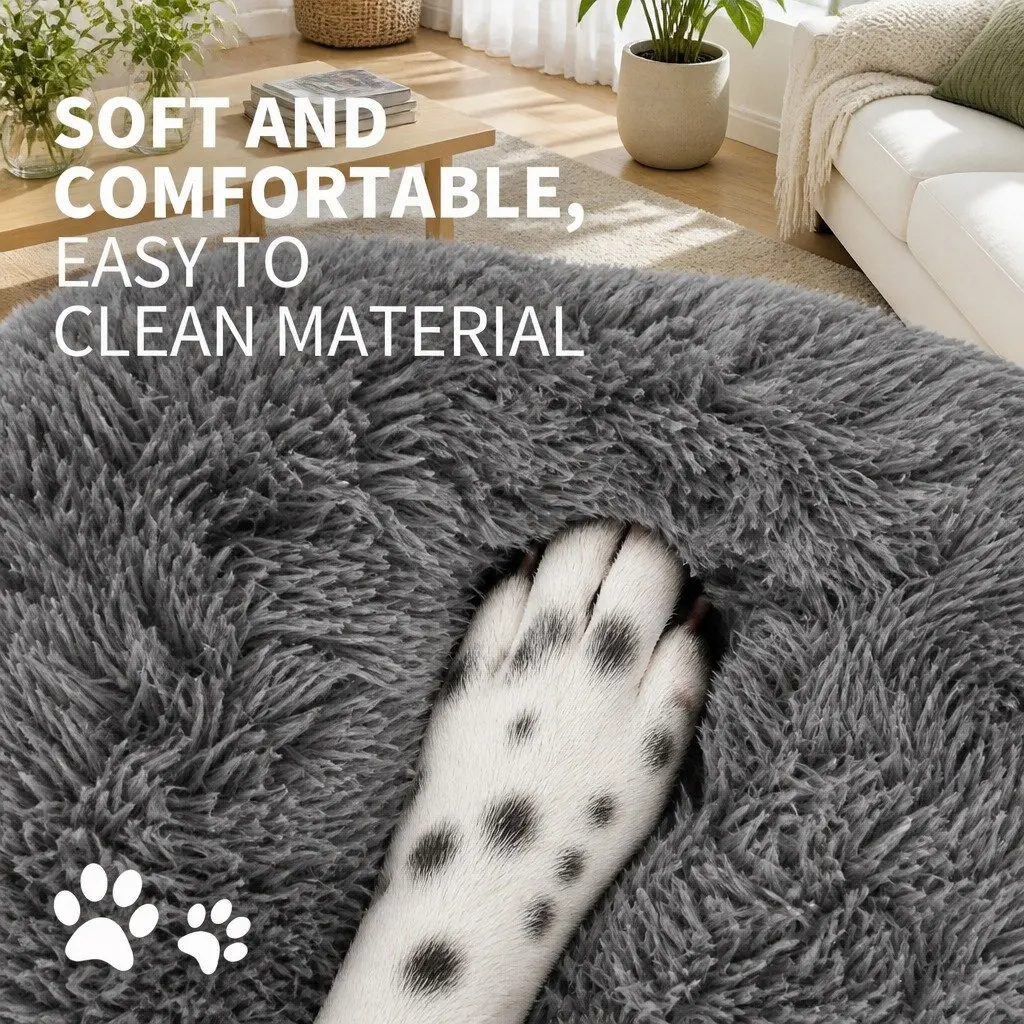 Pet Bed Cotton Round 70cm Dark Grey Soft Plush Warm Sleeping Nest