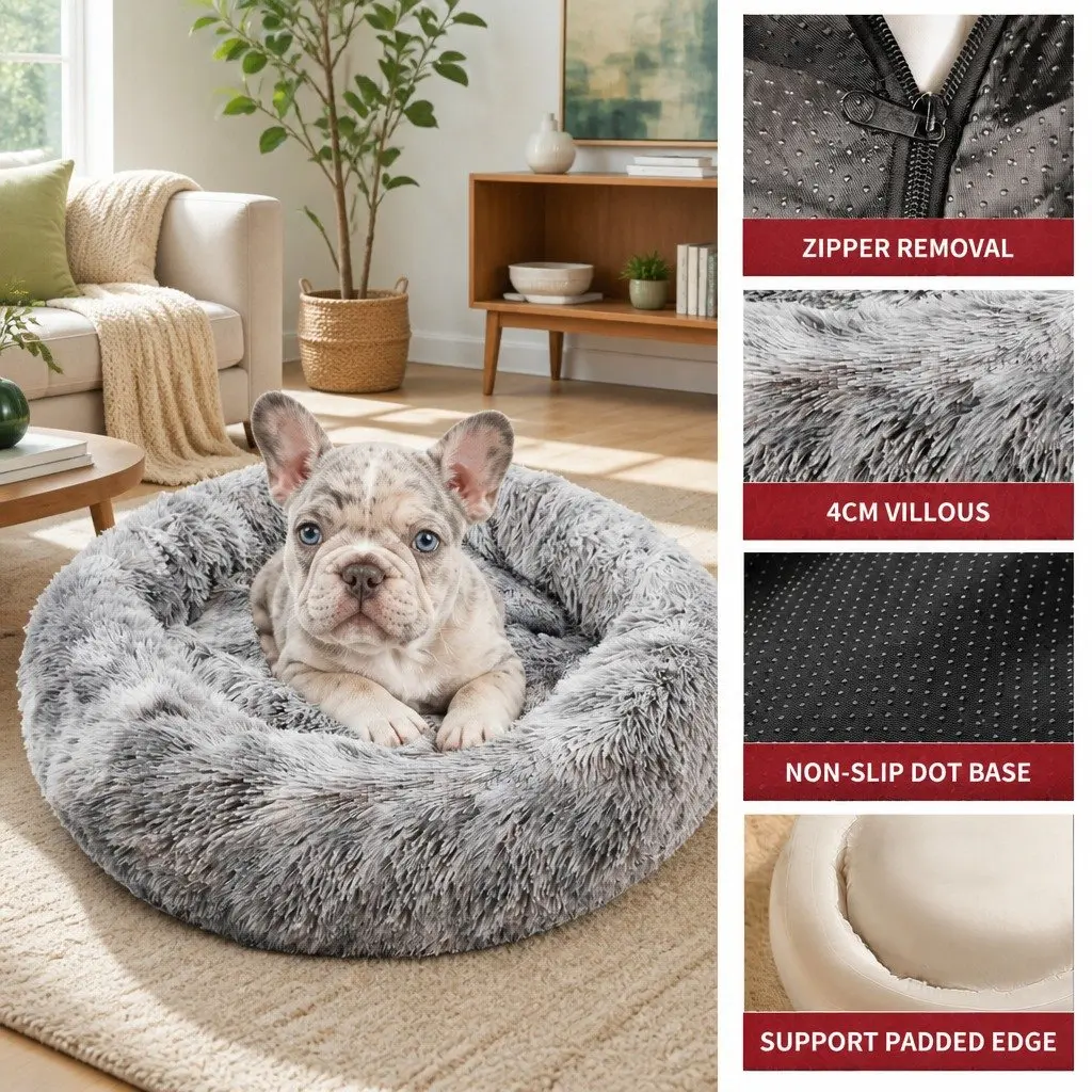 Pet Bed Cotton Round 70cm Dark Grey Soft Plush Warm Sleeping Nest