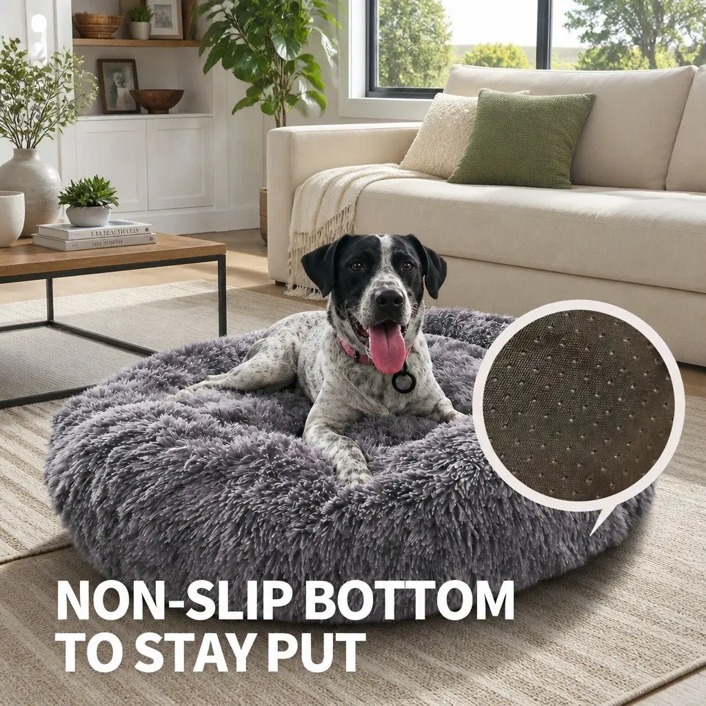 Pet Bed Cotton Round 70cm Dark Grey Soft Plush Warm Sleeping Nest