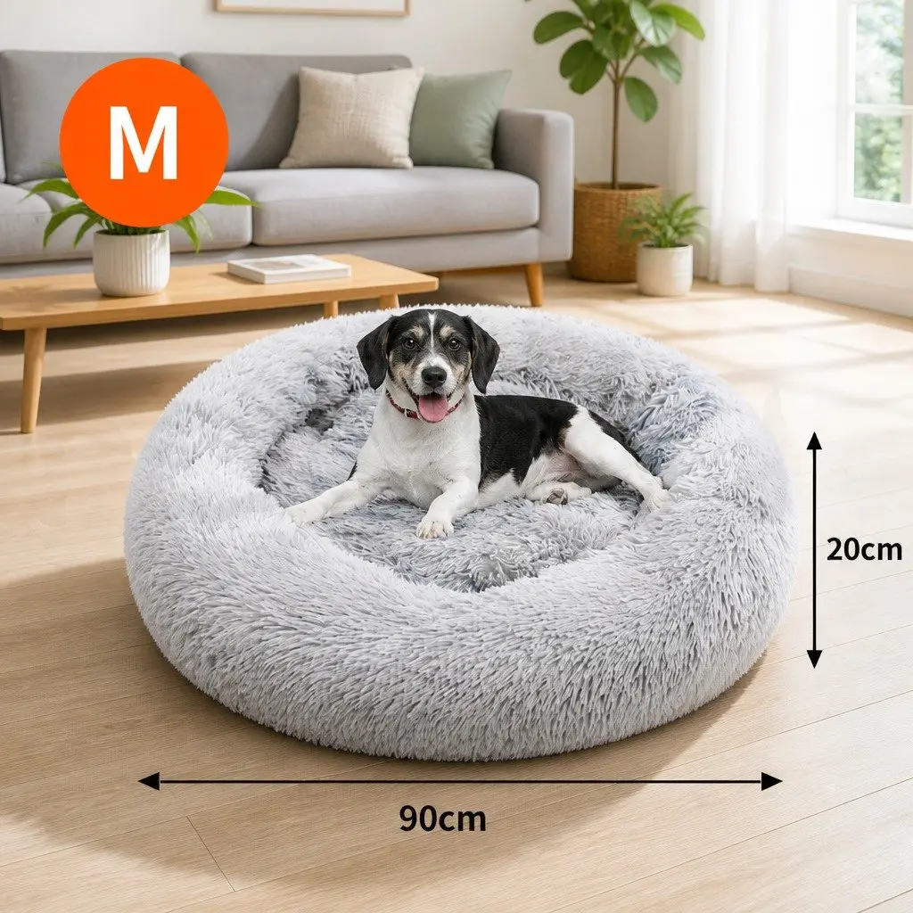 Pet Bed Polyester 90cm Light Gray Round Calming Cushion Mattress Soft Plush Comfy Sleeping Pad