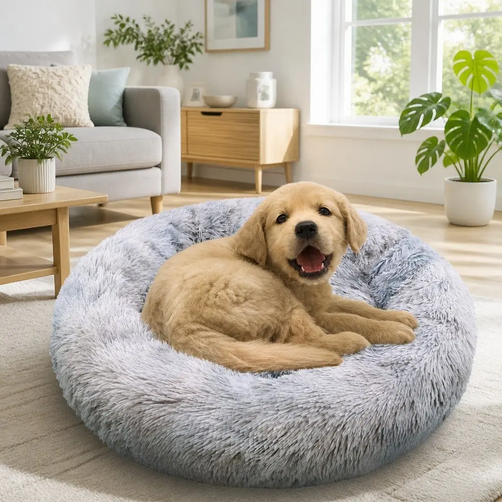 Pet Bed Polyester 90cm Light Gray Round Calming Cushion Mattress Soft Plush Comfy Sleeping Pad