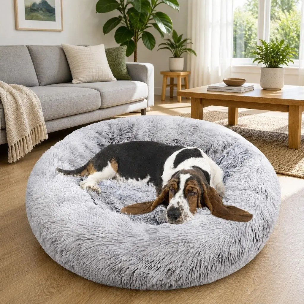 Pet Bed Polyester 90cm Light Gray Round Calming Cushion Mattress Soft Plush Comfy Sleeping Pad