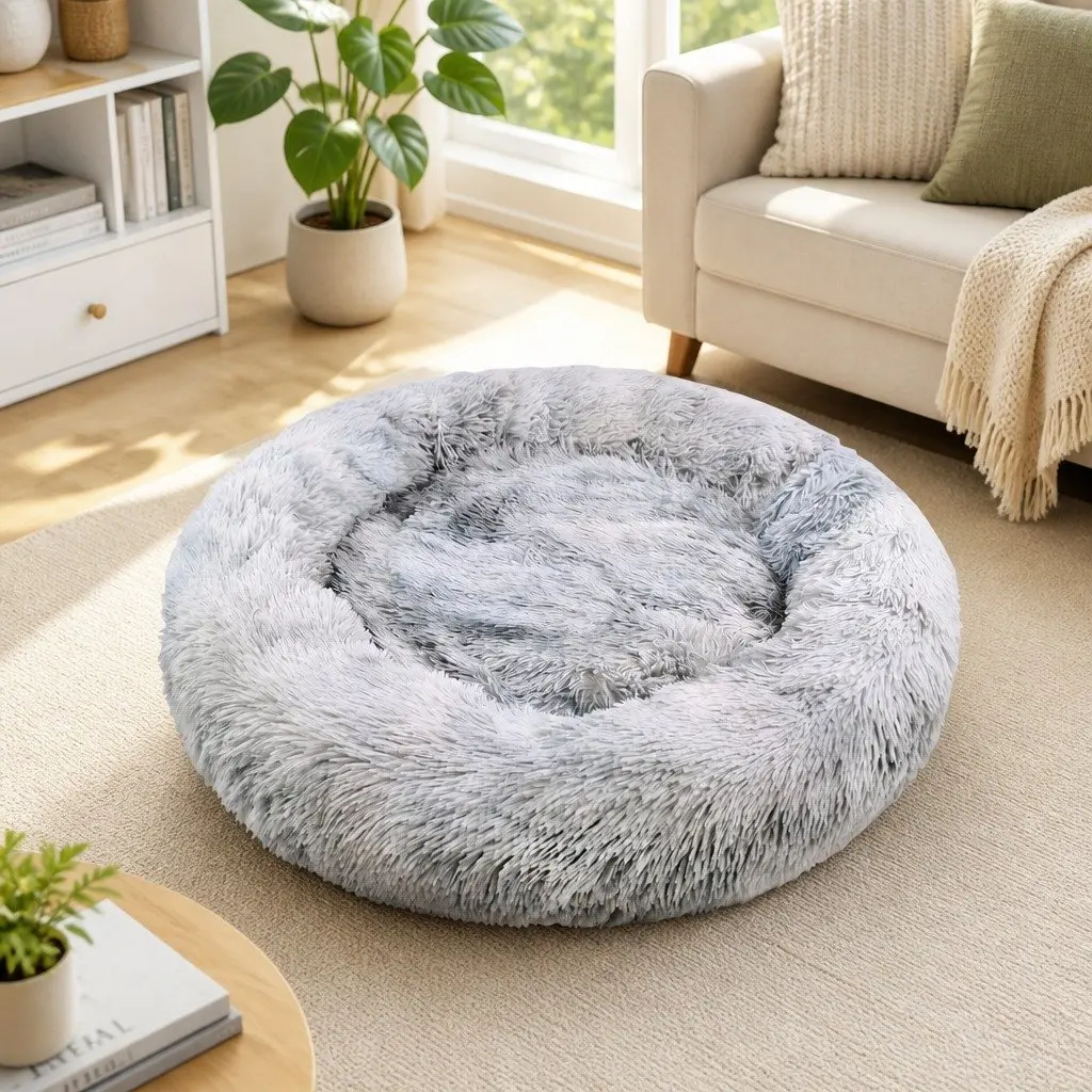Pet Bed Polyester 90cm Light Gray Round Calming Cushion Mattress Soft Plush Comfy Sleeping Pad