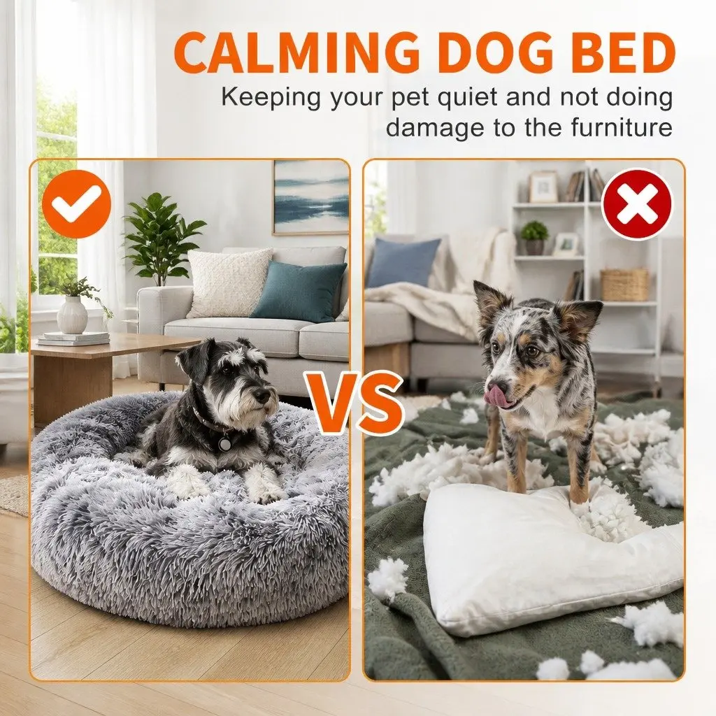 Pet Bed Polyester 90cm Light Gray Round Calming Cushion Mattress Soft Plush Comfy Sleeping Pad