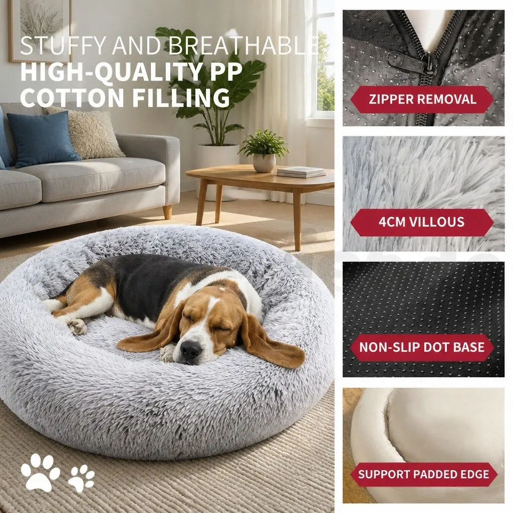 Pet Bed Polyester 90cm Light Gray Round Calming Cushion Mattress Soft Plush Comfy Sleeping Pad