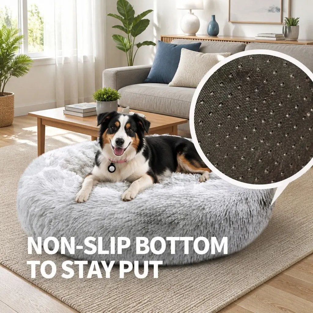 Pet Bed Polyester 90cm Light Gray Round Calming Cushion Mattress Soft Plush Comfy Sleeping Pad