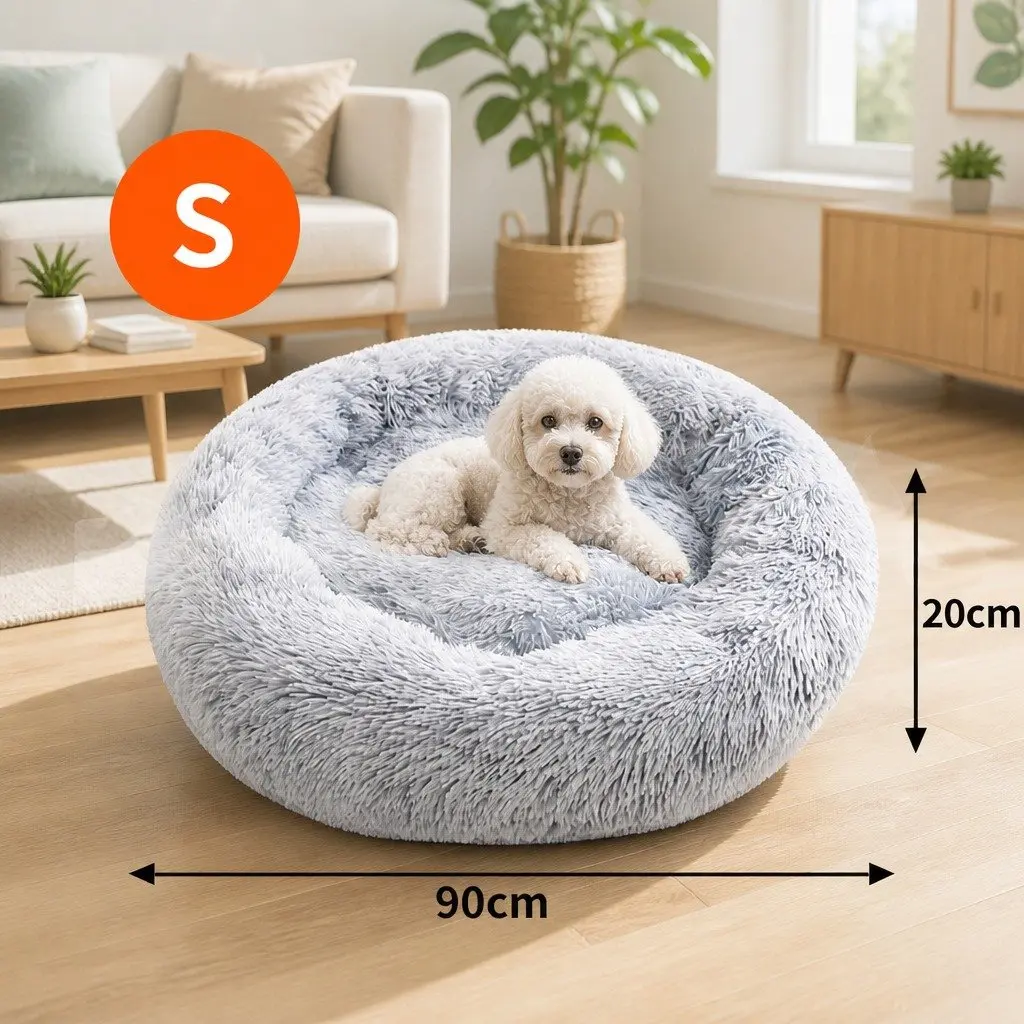 Pet Bed Polyester Round 70cm Light Gray Plush Washable Comfort