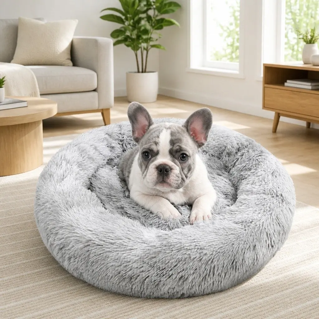 Pet Bed Polyester Round 70cm Light Gray Plush Washable Comfort