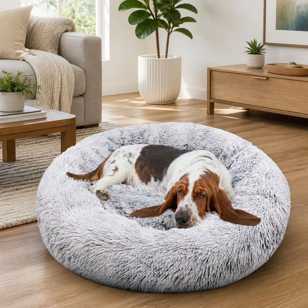 Pet Bed Polyester Round 70cm Light Gray Plush Washable Comfort