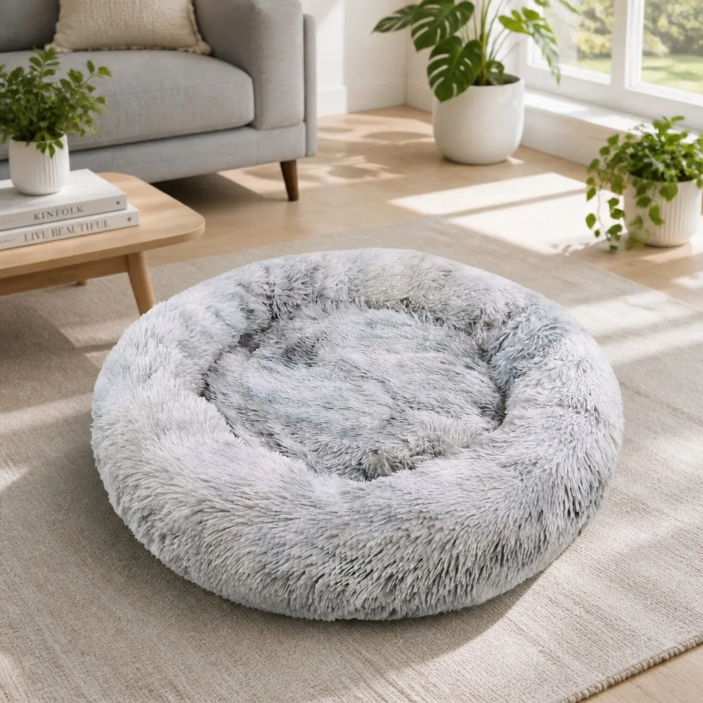 Pet Bed Polyester Round 70cm Light Gray Plush Washable Comfort