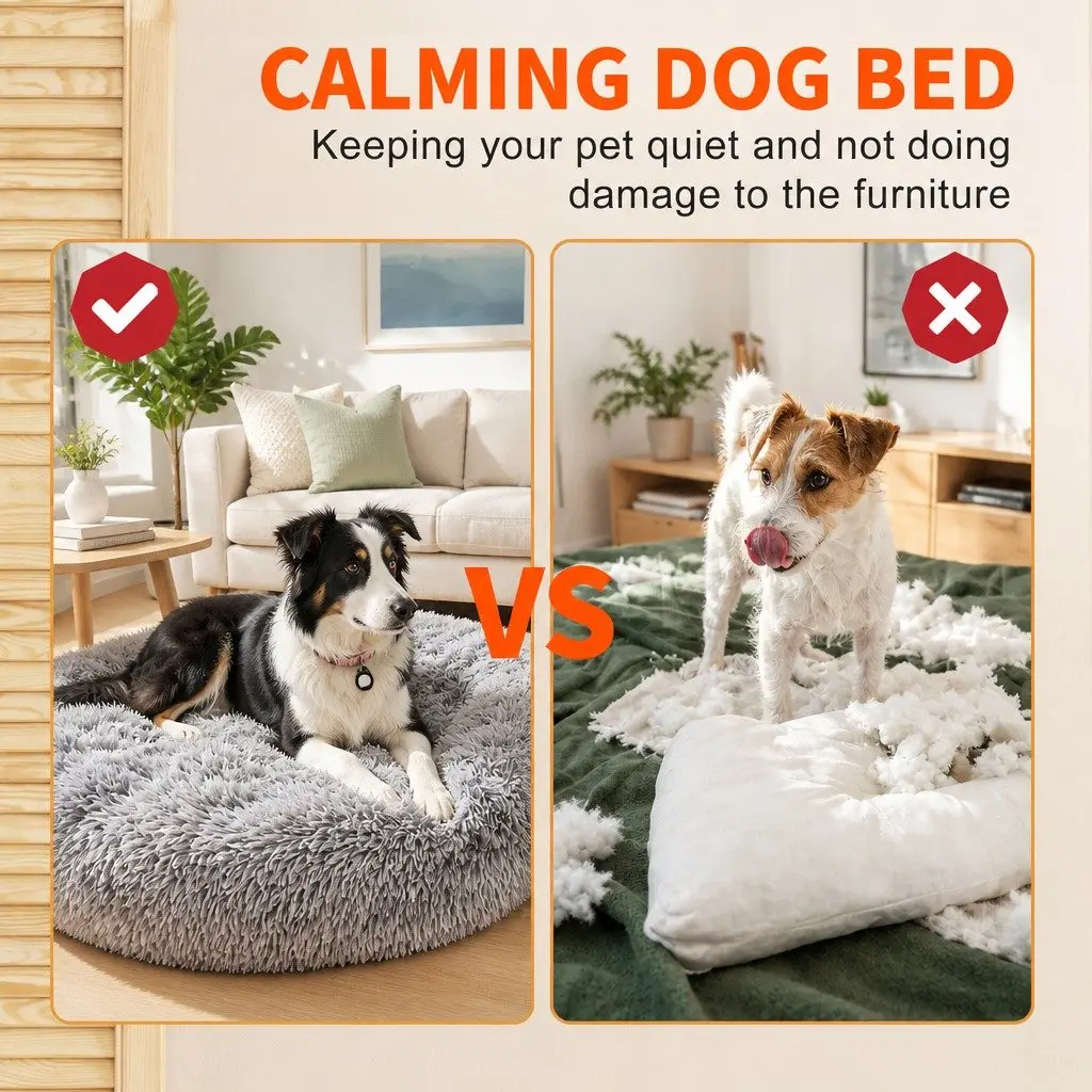 Pet Bed Polyester Round 70cm Light Gray Plush Washable Comfort