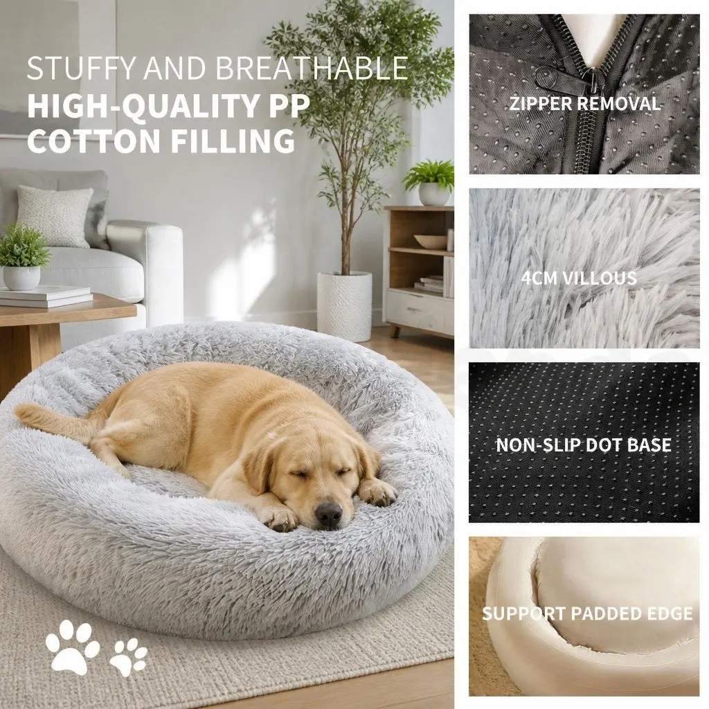 Pet Bed Polyester Round 70cm Light Gray Plush Washable Comfort