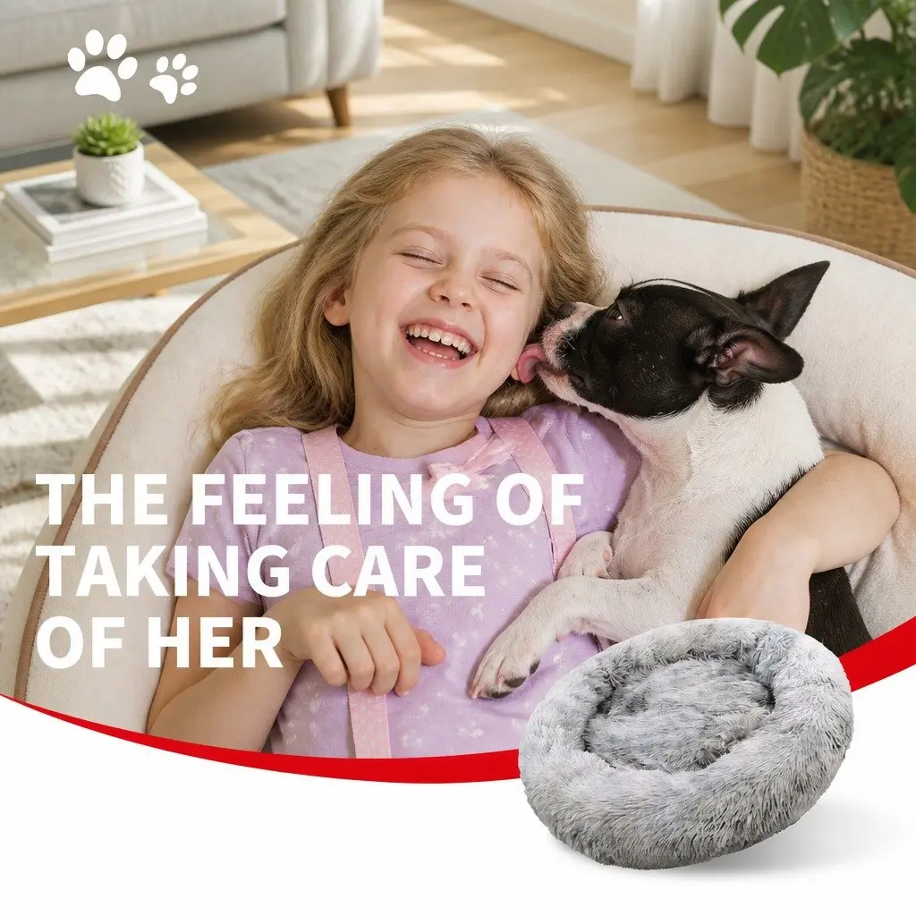 Pet Bed Polyester Round 70cm Light Gray Plush Washable Comfort