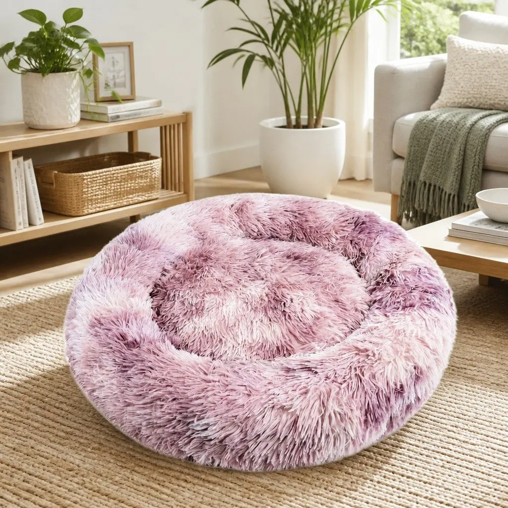 Pet Bed Polyester Round 70cm Purple Donut Cushion Comfy Mat Lounger