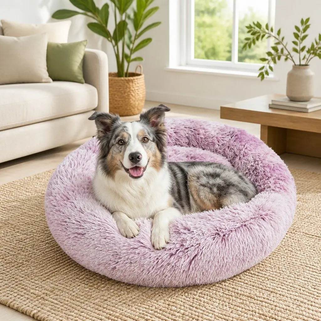 Dog Cat Pet Calming Bed Round Nest Warm Plush Comfy Sleeping Cave 120cm