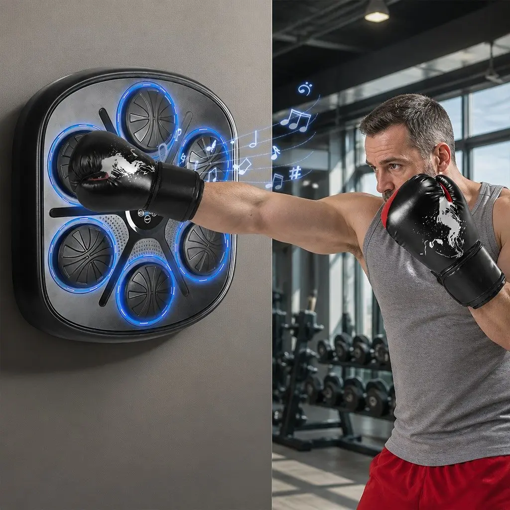 Music Punching Box PE ABS Acrylic PU Foam Wall Mount Black with 12OZ Boxing Gloves