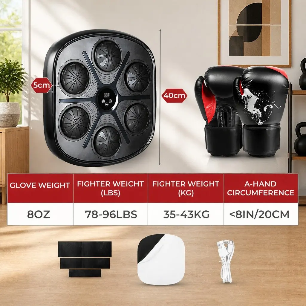 Music Boxing Machine PE ABS Acrylic Wall Mount Black with 8OZ Gloves 9 Speed Modes