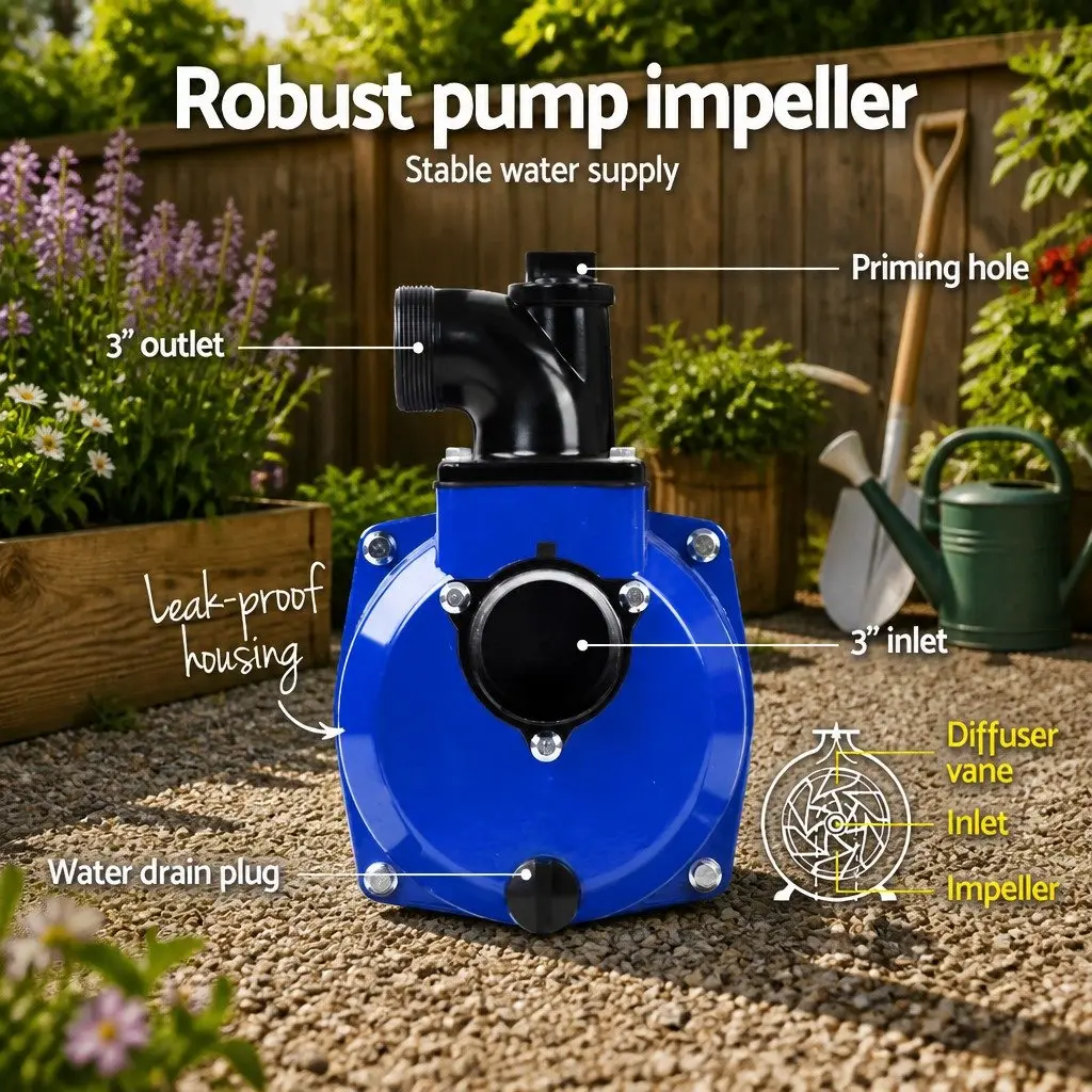 Irrigation Pump Petrol 3 Inch 7HP 210cc 4-Stroke High Flow Black and Blue